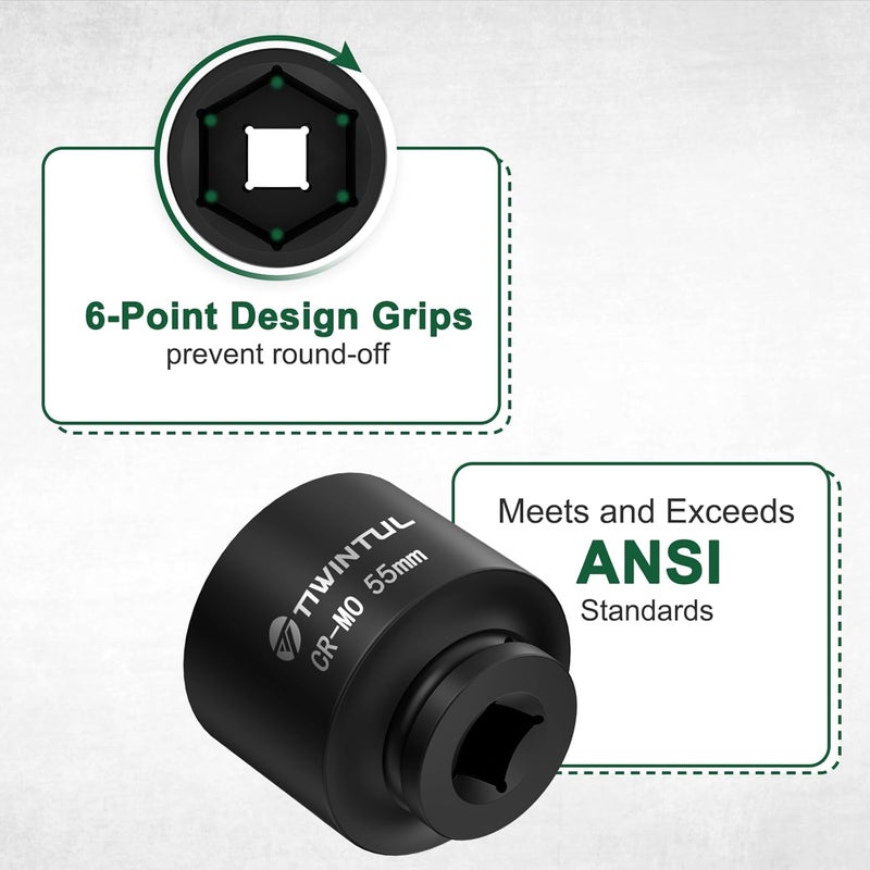 TIWINTUL 3/4 Inch Drive Metric Impact Socket 55mm, 6-Point Design, Heat-Treated Chrome Molybdenum Alloy Steel, Spindle Axle Nut Socket for Auto Repair, Easy Removal - Image 3